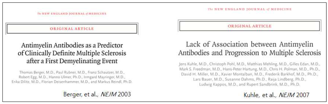 비슷한 시기에 New England Journal of Medicine (NEJM)에 발표된 두 논문들은 MOG-Ab의 유용성에 대해 서로 상반되는 결과를 보고함. 이러한 초기의 MOG-Ab의 유용성에 대해 서로 상이한 결과를 보고한 연구들은 민감도/특이도가 떨어지는 ELISA기법을 이용하여 검사를 시행하였음