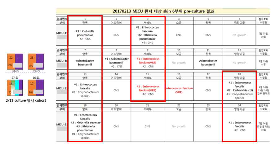 중재 전 중환자실 환자 신체 집락화 조사 (skin swab culture) 결과