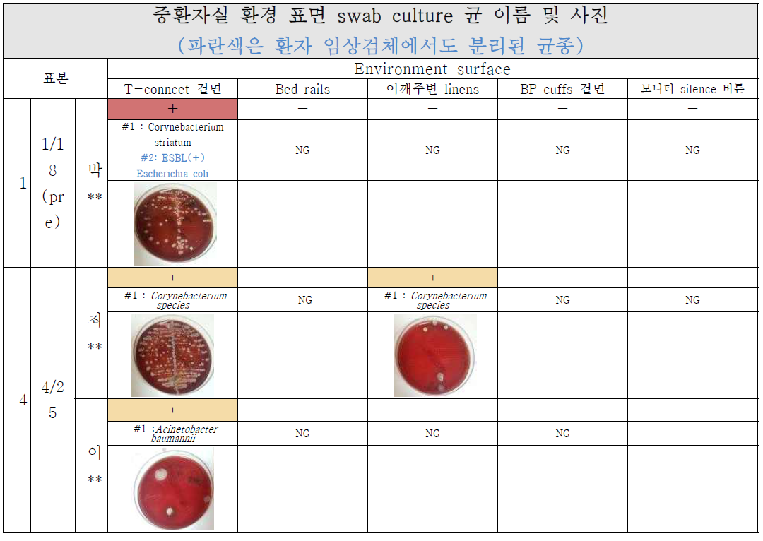 외과중환자실 환경 표면 오염 조사 (surface swab culture)에서 분리된 병원성세균과 부위