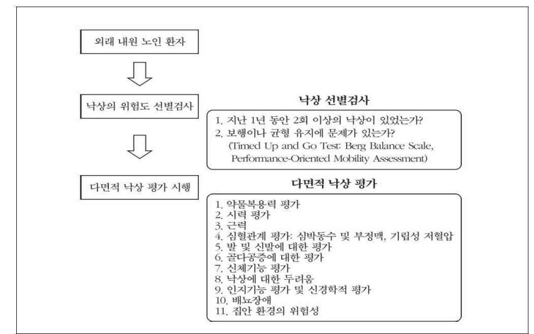 지역사회 거주노인 대상 낙상 평가 알고리즘 자료 : 김광일 외(2016), “낙상 예방 진료 지침”, 「Journal of Korean Geriatrics Society」 Vol. 20 No. 1: 1-28