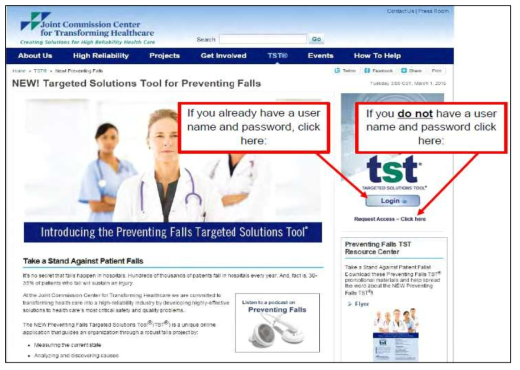 The Joint Commission Center for Transforming Healthcare의 낙상 예방 솔루션 엑세스 홈페이지 자료 : The Joint Commission Center for Transforming Healthcare(2017), Preventing Falls Utilizing the Targeted Solutions Tool