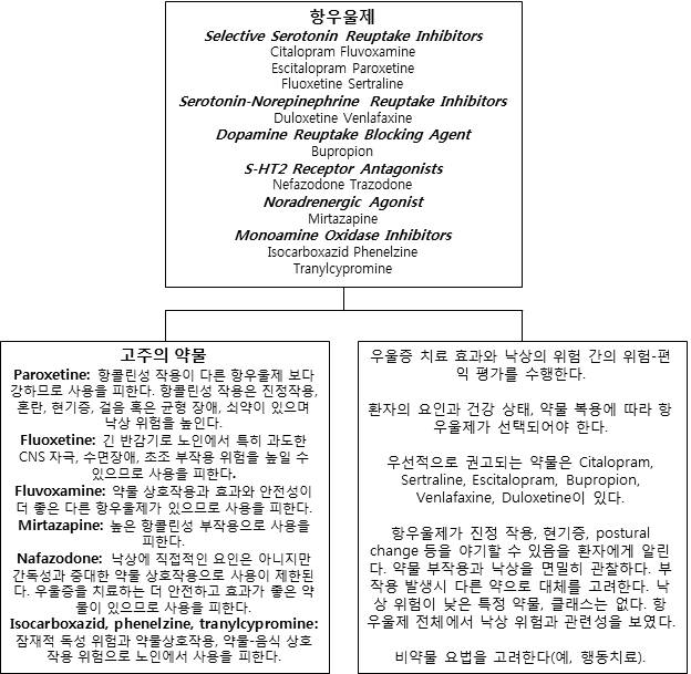 항우울제 사용과 노인에서 낙상 유발 약물 중재 알고리즘 자료: Ferreri S, et al. Am J Geriatr Pharmacother 2008;6:61-81