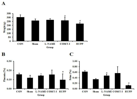 임신중독증 동물모델의 무게 비교 (a) 랫드의 무게, (b) 태반의 무게, (c) 태아의 무게