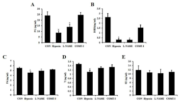 임신중독증 세포모델에서 스테로이드 호르몬의 생성량 (a) PG, (b) DHEA, (c) P4, (d) 테스토스테론 (T), (e) E2