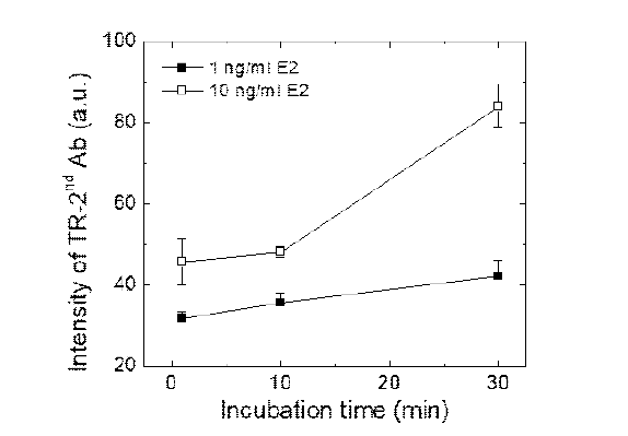 임신중독증 바이오마커인 E2의 incubation 시간에 따른 TR-2nd Ab의 형광 세기 확인