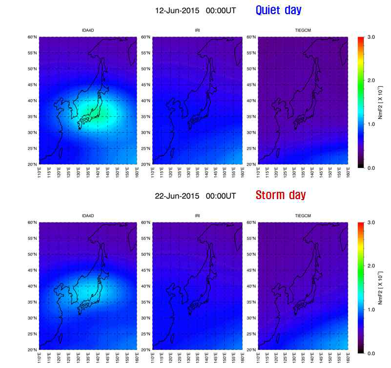 각 지자기 활동에 따른 IDA4D 모델에서 계산한 한반도 주변의 NmF2 결과