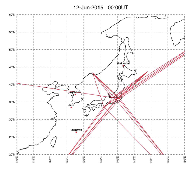 2015년 6월 12일의 GPS STEC 자료를 사용한 ray의 수