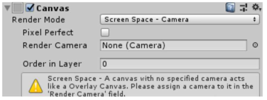 Canvas Render Mode를 Screen Space-Camera로 변경하여 카메라에서 렌더링 되도록 설정
