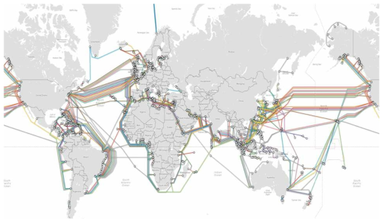 해저 케이블 연결망의 분포 (TeleGeography 제공: https://www.submarinecablemap.com)