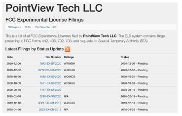 FCC의 Athena 시스템 실험 면허 관련 진행 현황 (출처: https://fcc.report/ELS/PointView-Tech-LLC)