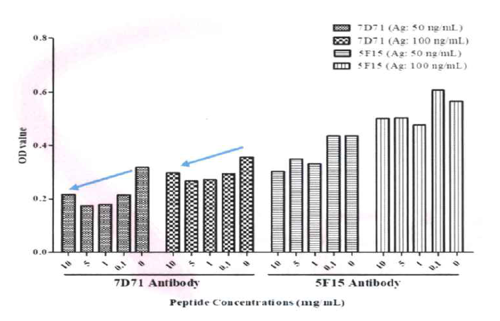 Peptide 농도에 따른 항원-항체 반응결과(항원 : 50, 100 ng/㎖)