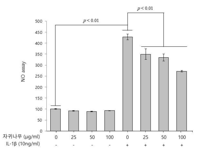 자귀나무 잎 추출물에 의한 관절연골퇴행성 예방 효능 : 퇴행성관절염 병리인자인 nitric oxide 발현 억제를 → 염증유도 인자 iNOS, COX-2의 발현을 억제를 통한 관절퇴행성 예방효능