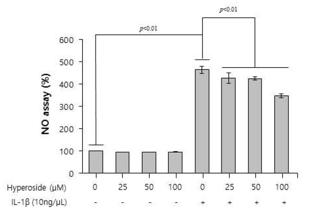 Hypeorside에 의한 관절연골퇴행성 예방 효능 : 퇴행성관절염 병리인자인 nitric oxide 발현 억제를 → 염증유도 인자 iNOS, COX-2의 발현을 억제를 통한 관절퇴행성 예방효능