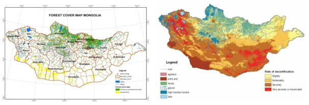 현재 몽골의 산림분포(Eic, 2015)지도(좌)와 몽골의 사막화 분포지도(A. Khaulenbek, 2007)(우)