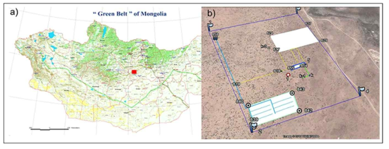몽골의 Tuv aimag 지방, Lun soum에 있는 그린벨트 시험지의 (a)위치와 (b) 항공사진
