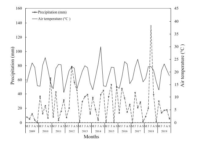 2009에서 2019년 까지 시험지의 생장 시즌 월평균 기온(실선)과 강수량(점선)