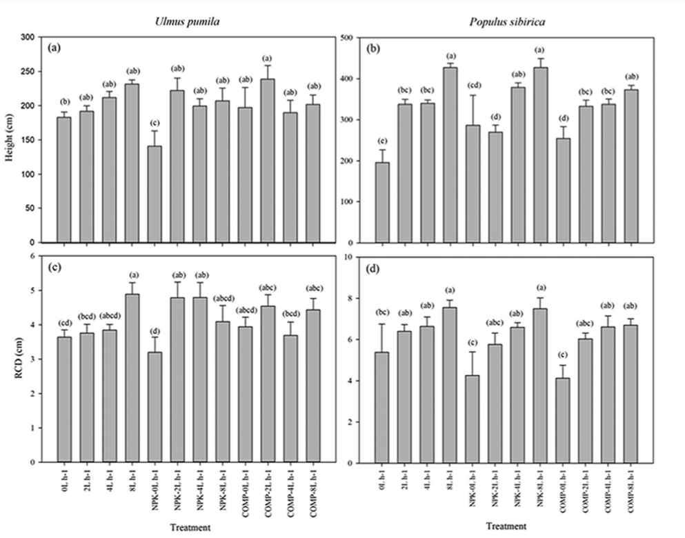 다양한 관수와 시비처리에 따른 비술나무(a, c)와 포플러(b, d)의 수고(H)와 근원경(RCD)의 생장