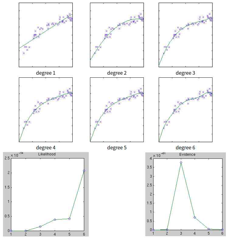 각 차수에 따른 데이터 피팅 곡선과 우도, evidence