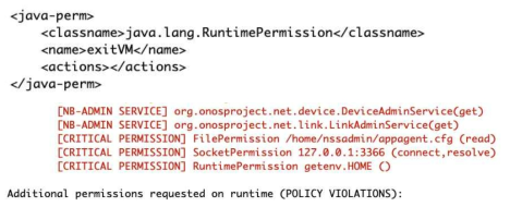 퍼미션 파일에 RuntimePermission을 추가한 모습 (위), 이후 review 시 해당 퍼미션의 exitVM 에 대한 권한이 없음이 나타남 (아래)