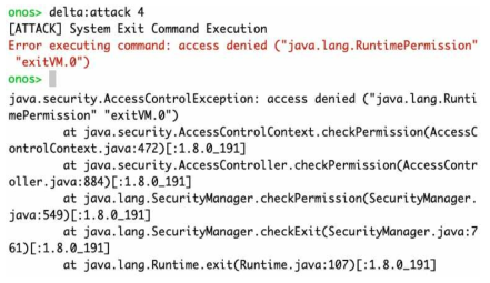 exitVM에 대한 RuntimePermission 권한이 없으므로 System.exit() 호출을 차단한 모습