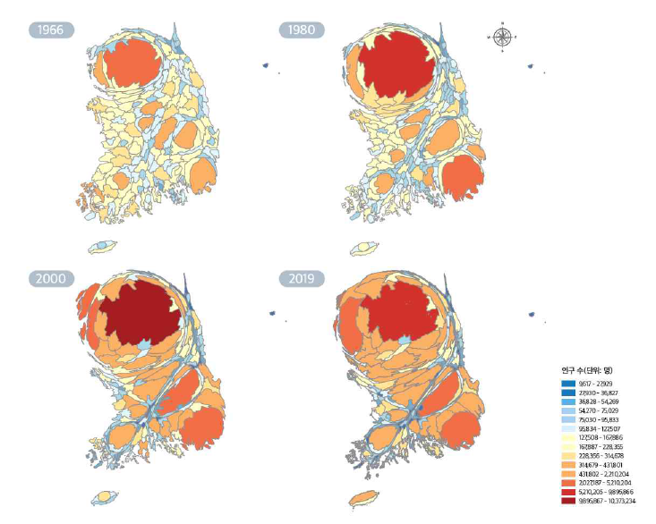 카토그램과 단계구분도 기법을 활용한 지도화(1966~2019년) ※출처: 국가통계포털(KOSIS) 인구총조사를토대로국가균형발전위원회연구진작성 ※카토그램:변수의수치적특성을지도영역의기하학적인속성(면적,길이등)으로나타낸 지도로변수의상대적크기와변화에대한가독성을높일수있는지도화방안중하나
