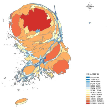 카토그램과 단계구분도 기법을 활용한 지도화(2035년) ※ 출처 : 국가통계포털(KOSIS) 인구총조사를 토대로 국가균형발전위원회 연구진 작성