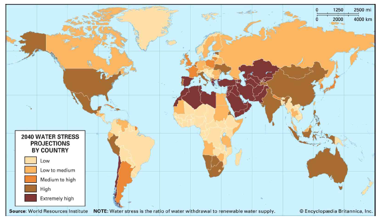 2040년 국가별 물 부족 현황 ※ 출처: BRITANNICA(2019), “Water scarcity”