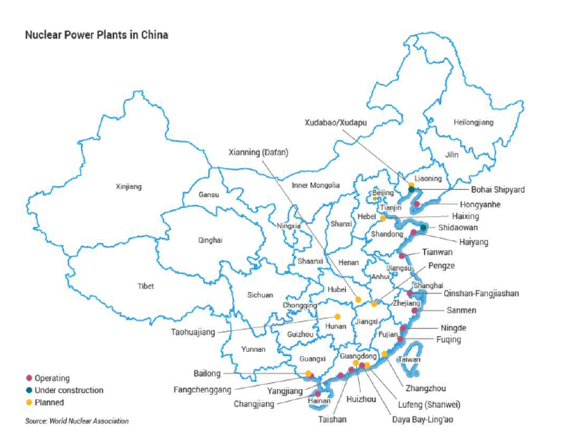 중국 내 원자력발전소 현황 ※ 출처: World Nuclear Association, Updated October 2020