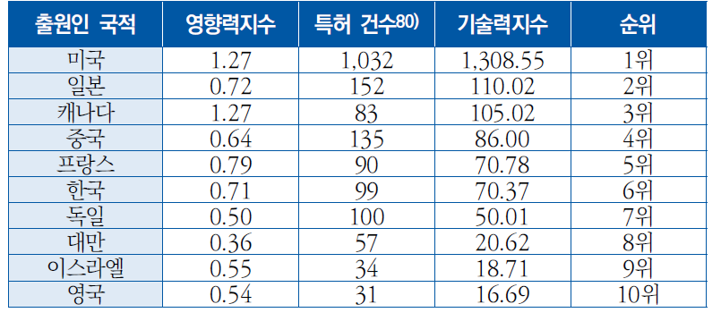 국가별 특허 기술력지수 및 순위