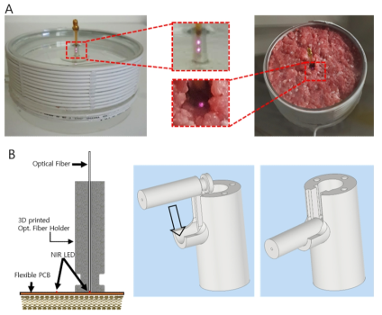 팬텀 모델을 활용한 무선 전력 전송 실험. (A) 식염수 및 고기 모델에서의 무선전력전송 실험. (B) LED 출력을 측정하기 위한 광섬유 부착 홀더