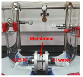 A picture of permeation test by using the GO composite membrane with a homemade U-shape apparatus