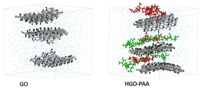 Schematic representation of simulated GO membranes (color code: black for oxygenated group of the GO sheet, gray for carbon atoms of the GO sheet, red for HPEI polymer, green for PAA polymer, light blue for water molecules)