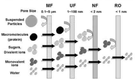 Classification of membrane filtration (source: https://www.climate-policy-watcher.org/wastewater-treatment/membrane-processes-for-advanced-wastewater-treatment.html)