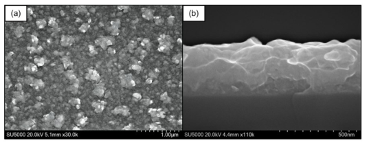 SEM surface and fractured cross-section images of Ni48.78Ti41.52Cu9.69 at% thin-film