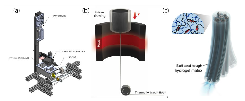 (a) Miniature fiber drawing tower for thermal drawing process. (b) Process of thermal drawing process. Macroscopic preform is heated and drawn in the furnace and become microscale fiber. (c) Fabricated hydrogel based optical fiber