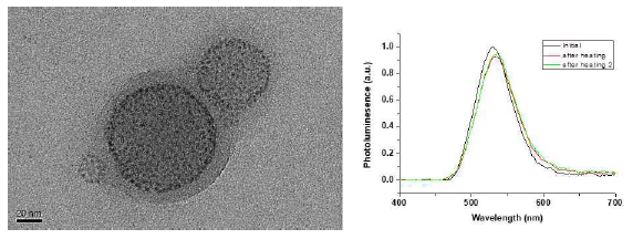 왼쪽: PS-b-P4VP로 형성한 양자점 micelle 보호막 TEM 사진. 오른쪽: 양자점 micelle 열처리 후 Photoluminesence 측정 결과