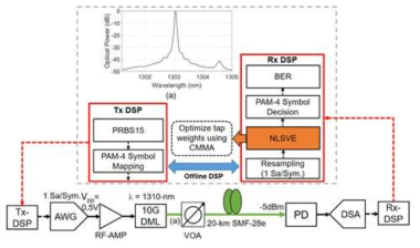 Experimental setup of the proposed blind equalization scheme. (a) optical spectrum at the output of the DML in a 0.01-nm resolution bandwidth