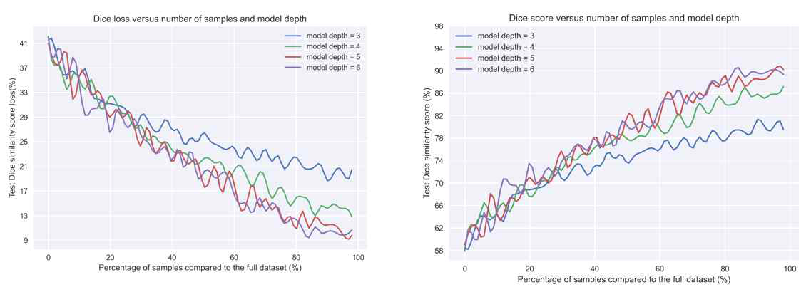 장단기 기억 네트워크 모델을 이용한 테스트셋 개수 (가로축)와 모델 복잡도 (곡 선 색깔)에 따른 테스트셋에서 측정한 (좌) DSC 값 기반의 손실 함수, (우) 실제 DSC 값: 테스트셋 개수가 많을수록, 모델이 복잡할수록 DSC 값이 더 높음을 확인할 수 있고, 이는 선행연구와 일치함. 100% 일 때는 오히려 모델 깊이가 5인 경우가 6인 경우보다 DSC 값이 더 높음을 확인할 수 있음