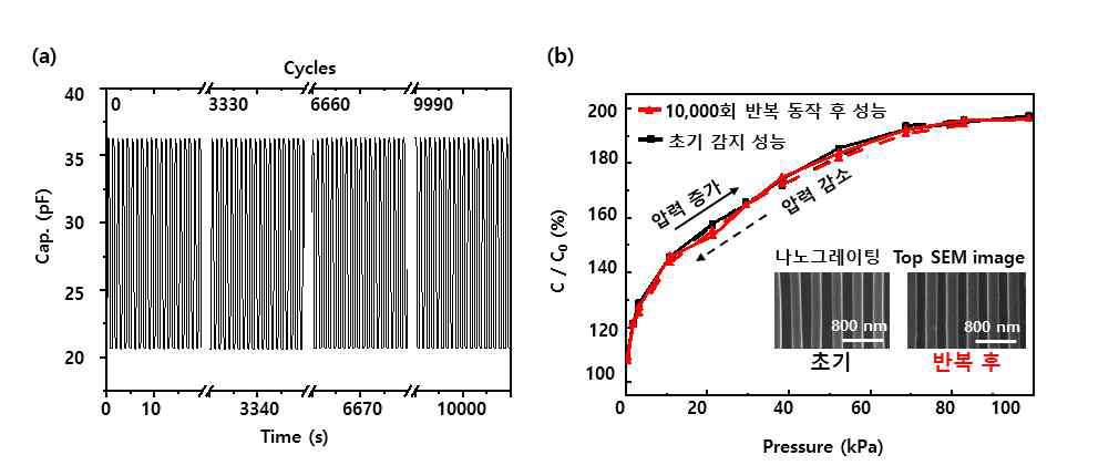 (a) 100 kPa 반복 압력 동안의 실시간 정전용량 변화, (b) 반복 동작 테스트 이후, 압력에 따른 정전용량 변화와 Hysteresis 그래프