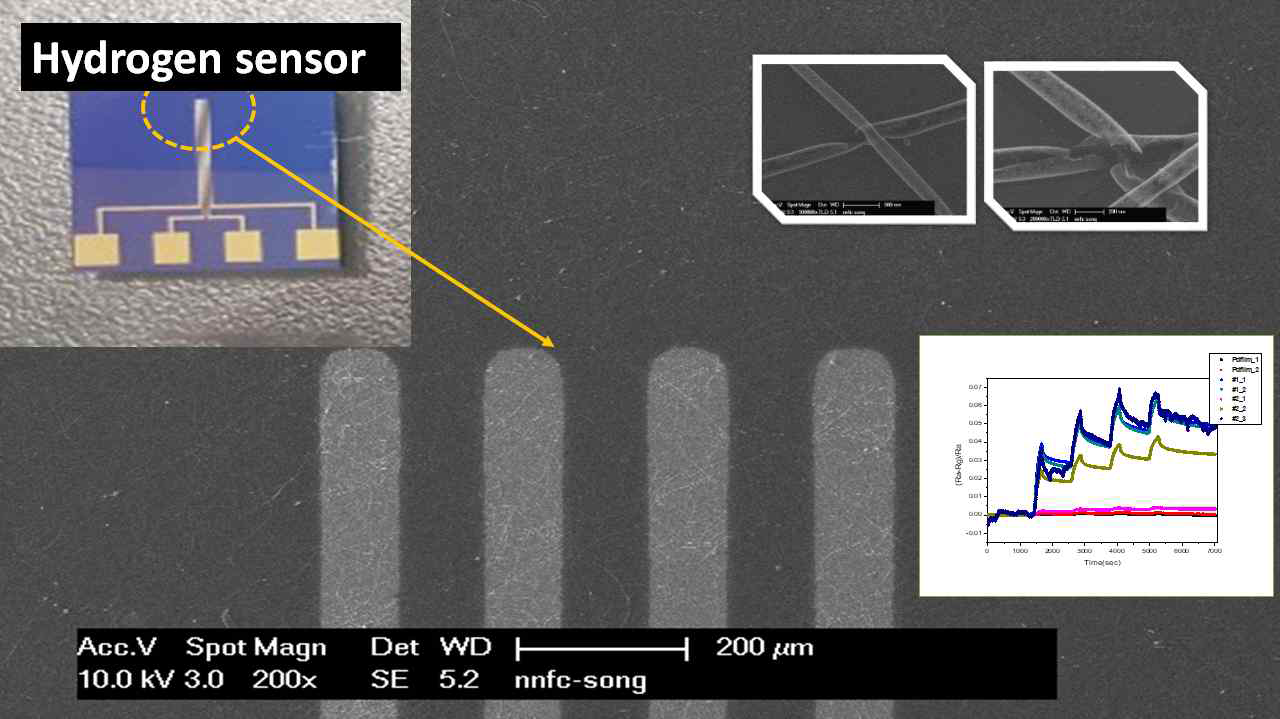 고성능 수소가스센서 시작품 사진과 나노패턴에 금속전극 컨택을 보여주는 SEM이미지, 그리고 수소감응 특성 그래프