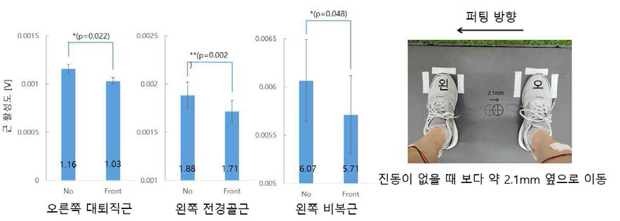 전경골근 원위부 건 진동 시 근 활성도(좌) 및 COP 변화(우)