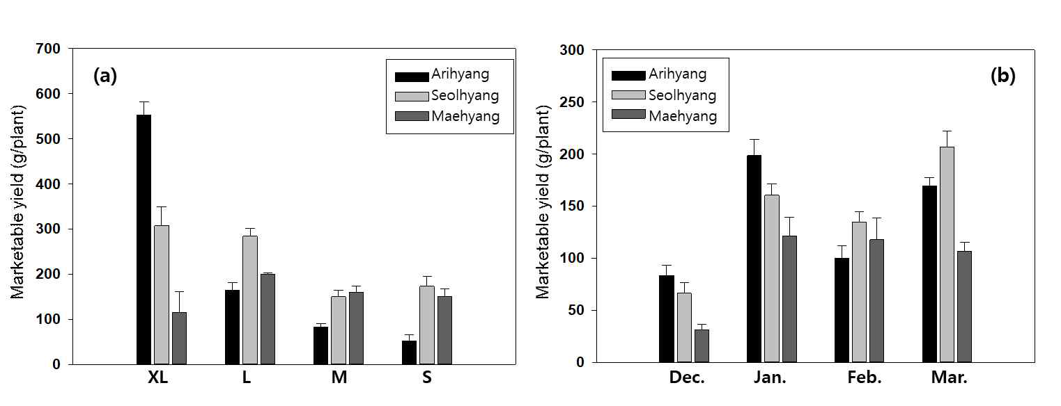 (a) 과실 크기별(XL: 25g 이상; L: 17 ∼ 25g; M: 12 ∼ 17g; S: 12g 이하) 수량 및 (b) 월별 상품 수량