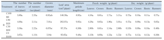 C:B=100:0. C:B=80:20, C:B=50:50 및 C:B=0:100 처리구에 따른 러너 플랜트의 러너 발생량 및 생육