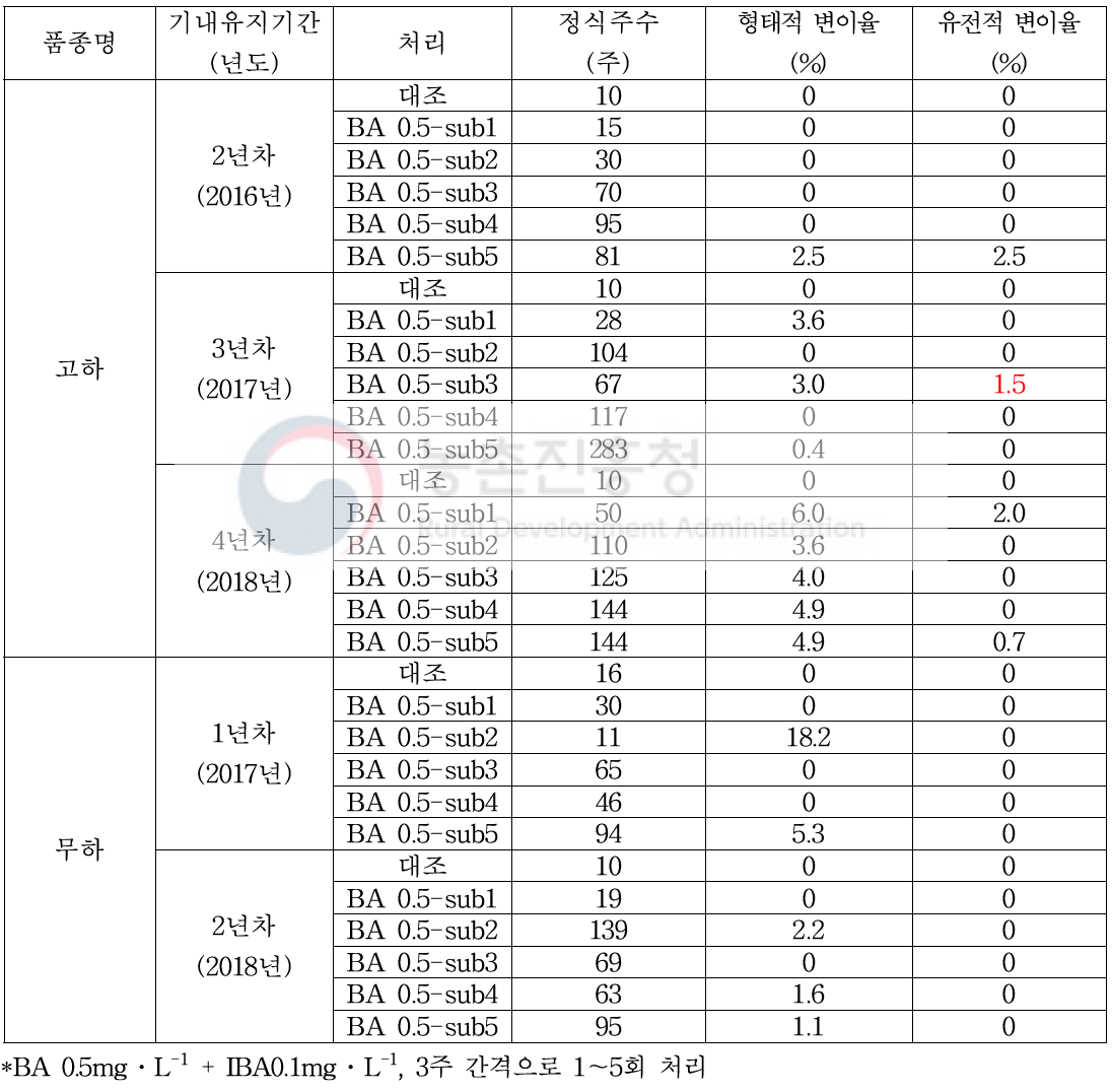 ‘고하’ 조직배양묘의 기내유지기간 및 식물 호르몬 BA 안정농도 처리 횟수에 따른 정식주수 및 변이의심율