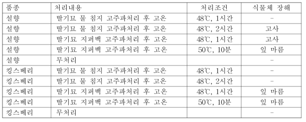 고주파 열처리조건에 따른 품종별 식물체 장해