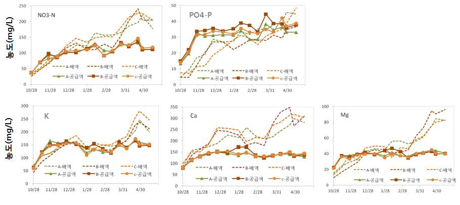 배양액 종류별 공급액과 배액의 농도 변화(A 일본원시, B 개발처방, C 유럽처방)