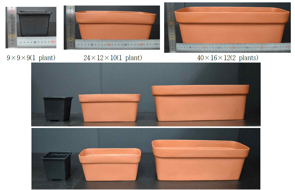 배지량 실험 시 사용된 화분 크기(W×L×H, cm) 및 모양
