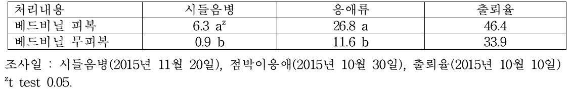 딸기 정식 후 베드비닐 피복 유무에 따른 병해충 및 화방 출뢰율