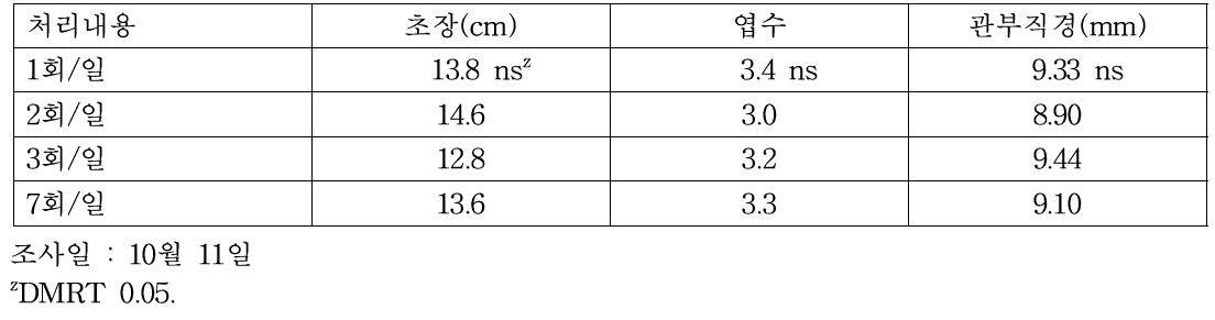 관수횟수에 따른 식물체 생육