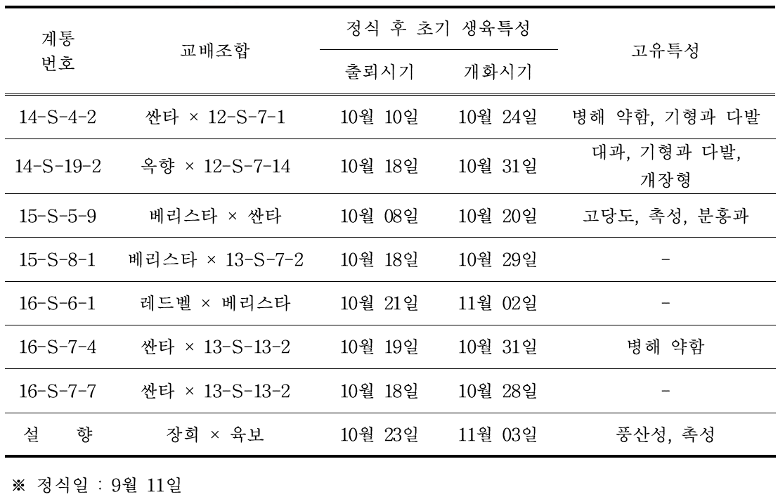 성주 시험포(성주 농가) 정식 후 개화기 특성